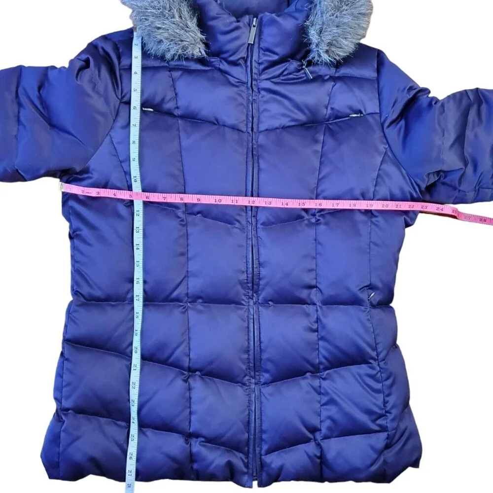 Calvin Klein Womens Down Puffer Coat L Purple Gray Faux Fur Trim Removable Hood - Picture 6 of 16